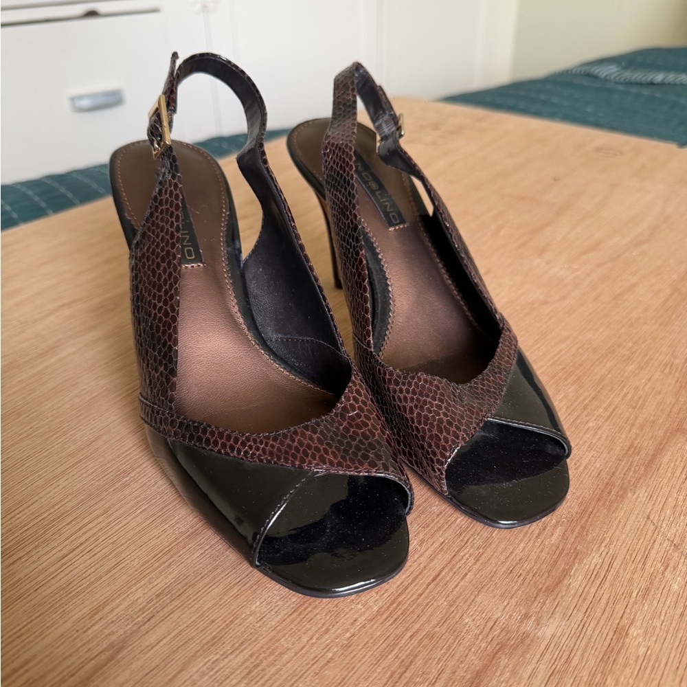 Vince Camuto Black and Brown Peep-Toe Heels